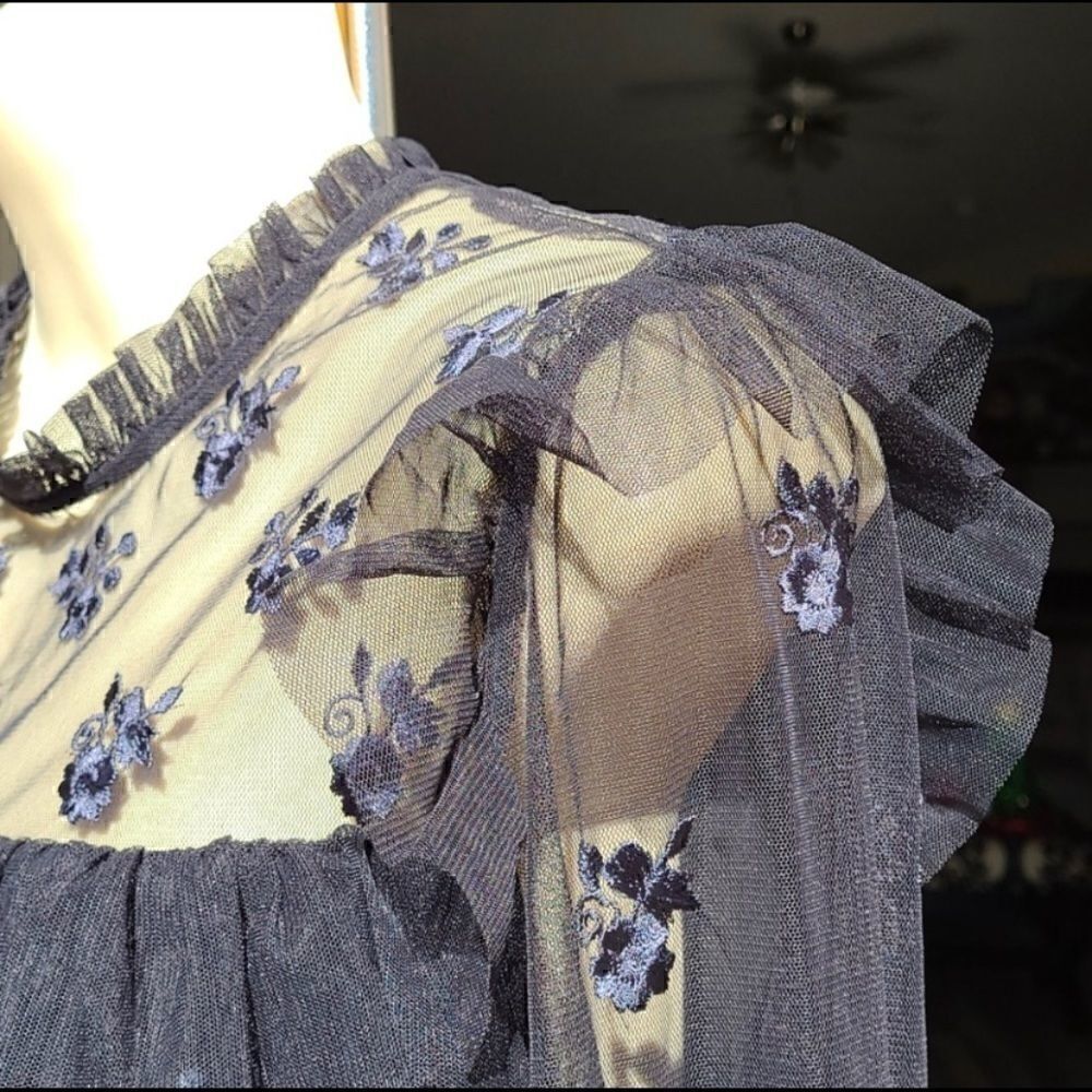 Illusion Washed Black Floral Embroidered Tulle Ruffle Longsleeve Blouse Top 6 S - Picture 6 of 10